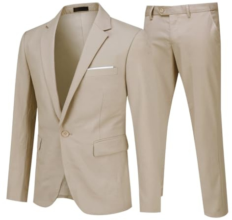 Allthemen Mens 2 Piece Suit 1 Button Business Blazer Trouser Beige S