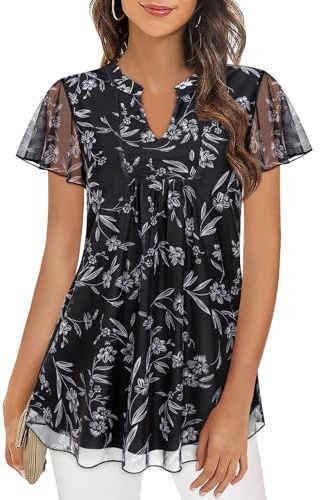 Syphiby Flutter Sleeve Tops for Women, V Neck Dressy Casual Tops Layered Chiffon Blouses Floral Print Pleated Front Tunics Shirts Wedding Party Beach Flowy Fashion Summer Clothes Black L