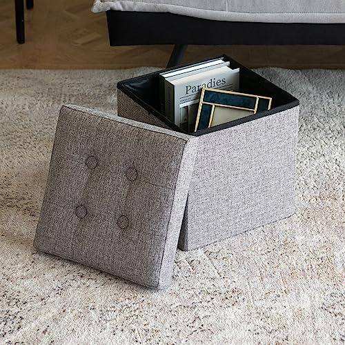 Oak & Tea Storage Ottoman, Foldable Storage Bench, Small Footrest, Cube Storage Unit, 1 Storage Boxes with Lid, Chest for Bedroom Living Room, Brownish Grey 30x30x30cm