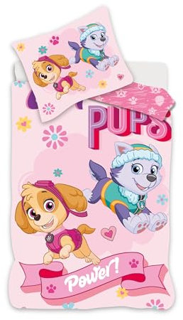 PAW PATROL Bettwäsche für kleines Bett, wendbarer Bettbezug 100 x 135 cm + Kissenbezug 40 x 60 cm, 100 % Baumwolle, mit Stella und Everest (Rosa)