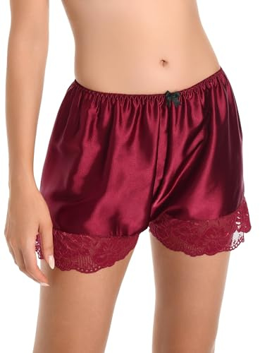 Satini Women's Lingerie Lace Briefs Panties French Knickers Satin Shorts (Wine Red, XL)