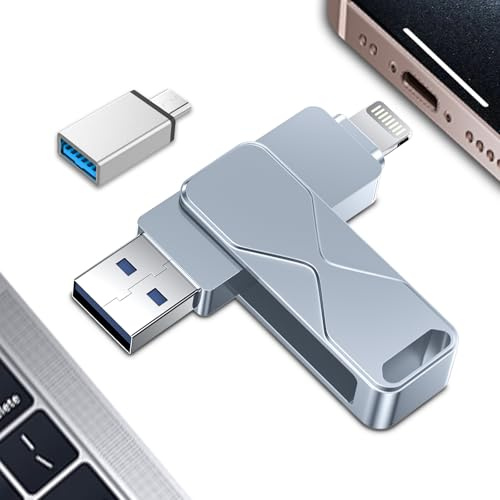 USB-minne för iPhone, Mfi Certifierad Lightning Externt minne Pennenhet, USB-penna 3 i 1 för iPhone, iPad, iOS, Macbook, Android, PC (grå, 256 GB)