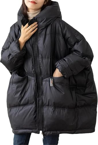 Suncadmious Parka caldo invernale casual da Donna con coulisse cappuccio giacca in piumino con cerniera antivento con cappuccio giacca in piumino lunga (Nero,M)