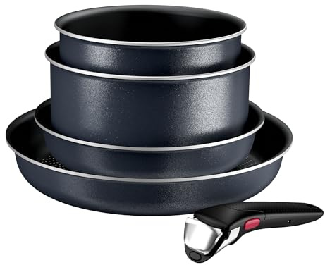 Tefal Ingenio Enjoy - Juego de 2 Sartenes 22/28 cm + 2 Cazos 18/20 cm + Mango extraíble, Apto inducción, antiadherentes, revestimiento titanio, Thermo-signal, apto horno