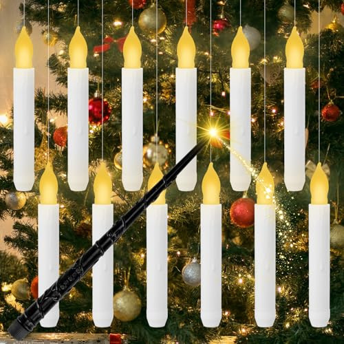 CAUTIOUS 12PCS Velas Flotantes con Varita, Halloween velas Floating Mágicas Candles, Velas Mágicas LED Colgantes, cálida vela cónica amarilla sin llama Decoración de Navidad, iglesia, fiesta