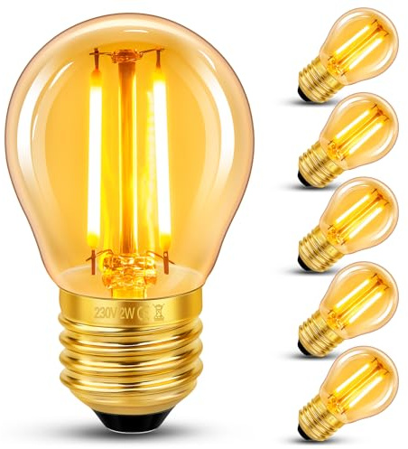 Bombilla Edison Vintage E27 G45 LED Filamento 2W (Equivalente a 20W), Ambar Luz Blanco Cálido 2200K, 200LM, AC 220V-240V, No Regulable, Decoración Iluminación para Hogar, Cafés, Bares, 6 Piezas