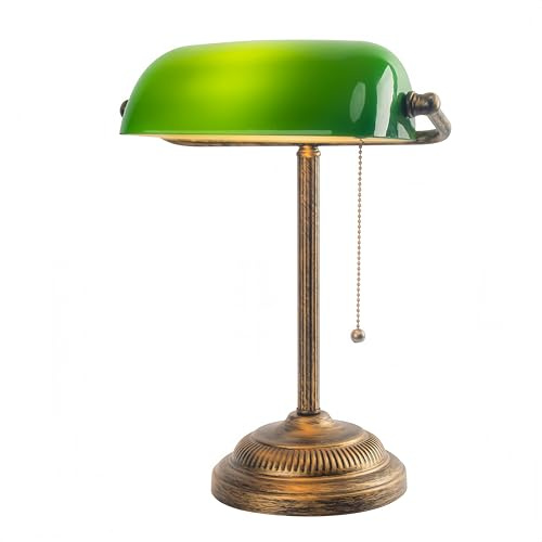 FIRVRE Bankers Desk Lamp with Pull Chain Switch, Green Glass Shade Desk Lamps, E26 Bronze Base, Vintage Library Lamp for Office, Study Room