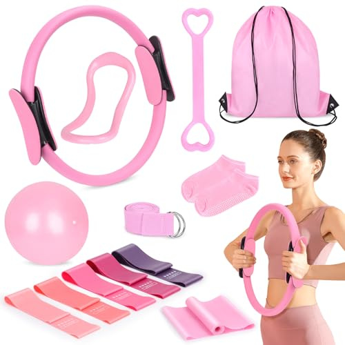 Pilates Kit 13Pcs Pilates Sets for Women Home Pilates Workout Set Pilates Beginners Set Home Pilates Essential Kit Pilates Starter Set Home Pilates Kit Pilates Equipment Pilates Accessories (Pink)