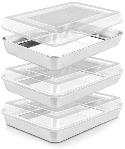 WOPPLXY Juego de 3 bandejas para hornear con tapa, 31 x 24 x 5 cm, bandeja para tartas con tapa, acero inoxidable tiramisú con tapas para brownie y lasagna, apto para lavavajillas