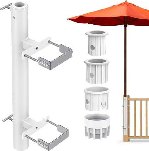 Dolibest Kraftig parasollhållare för uteplats, klämfäste i stål, för parasollstänger upp till 5,1 cm, platsbesparande design, fästs på räcken med maximal bredd på 10,2 cm, enkel installation, vit