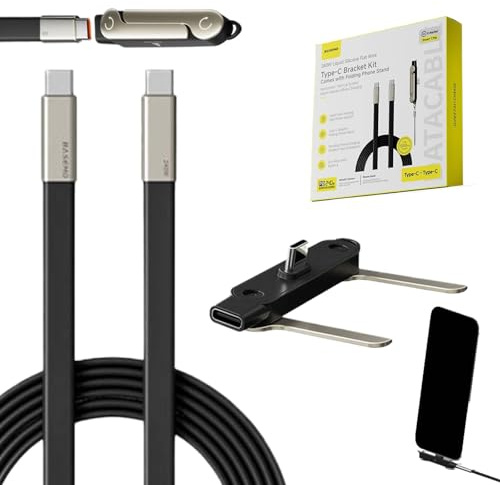 Cargador de soporte invisible desmontable, cable de carga rápida Typec-c lateral 2 en 1, cable de carga rápida trenzado de 240 W con soporte de teléfono integrado para juegos, oficina y coche (negro)