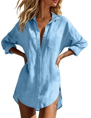 DaPongZhi Linen Shirt Women Summer 3/4 Sleeve Button Down Dressy Longline Tops Casual Solid Color Loose Oversized Shirts Lightweight Breathable Plus Size Blouses Hawaii Beach Cover Up Ladies Clothes