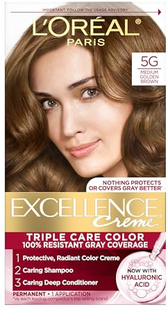 L'Oreal Paris Excellence Crème Permanent Hair Dye, Triple Care Hair Color with Hyaluronic Acid for 100% Gray Coverage, 5G Medium Golden Brown, 1 Kit (Packaging May Vary)