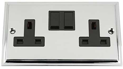 Socket 2 Gang - Polished Chrome - Victorian - Black Insert Plastic Switch - 13A Double Wall Plug Socket