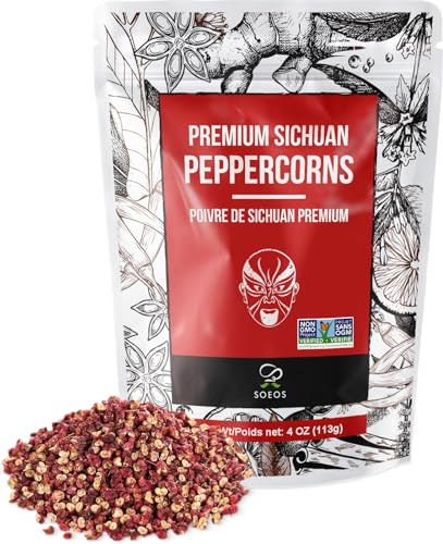 Soeos Sichuan Peppercorns, 4 Ounce(113g), Authentic Szechuan Red Peppercorn, Numbing and Tingle Effect, Less Seeds, Strong Flavor, Essential for Mapo Tofu, Kung Pao Chicken and Asine Cusine