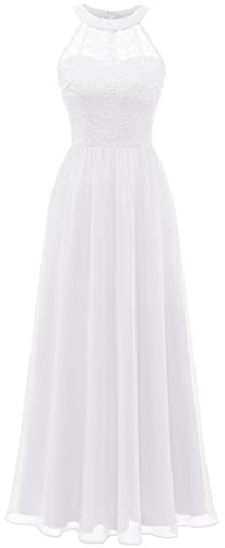 Wedtrend Halter Floral Lace Long Chiffon Wedding Bridesmaid Dress Cocktail Party Gown WT0201WhiteM