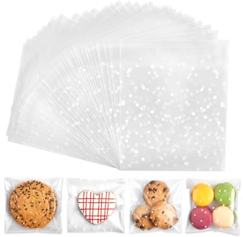 Zezzxu 300 Self Adhesive Cookie Bags, 4 x 4 Inches White Polka Dot Cellophane Treat Bags for Packaging, Gift Giving