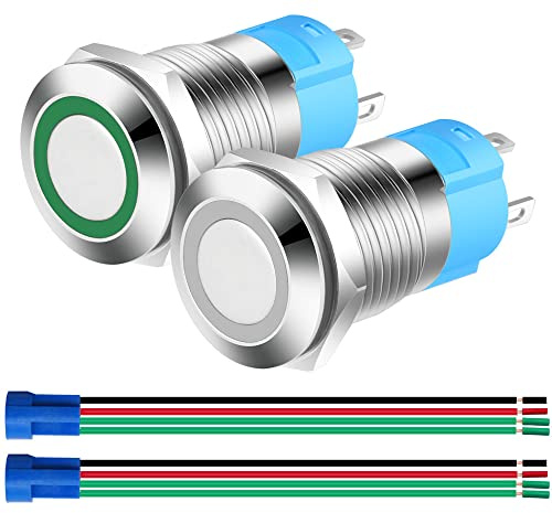 Gebildet 2pcs 12mm Momentané Bouton Poussoir en Acier Inoxydable,12V-24V 3A Normalement Ouvert SPST on Off Bouton Étanche avec Fiche à Douille(Blanc+Vert)