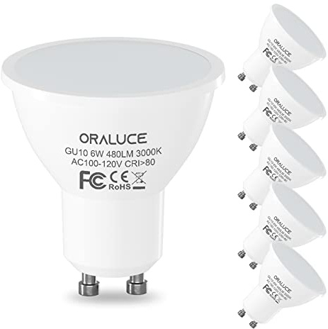 ORALUCE GU10 LED Bulbs, 6 Watt Equivalent to 50W Halogen Light Bulb, Non-dimmable, 3000K Soft White,120 V, 480 Lm, 120° Flood Beam Angle, MR16 Shape for Recessed, Track Lighting, Pack of 6