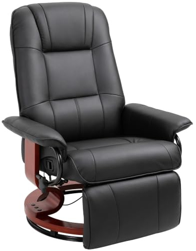 HOMCOM Sillón reclinable con reposapiés Ajustable, Giratorio 360°, Base de Madera, tapizado de plástico Negro