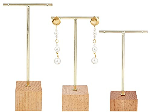 FINGERINSPIRE 3 Pcs Gold Metal T Bar Earring Display Stand 6.3/5.5/4.5 Inch Height Jewelry Stand with Wooden Square Base Earring Hanging Holders Jewelry Organizer for Store Retail Photography Props