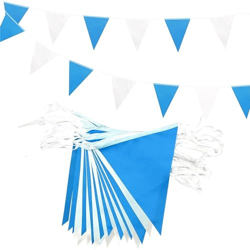 ADQUATOR Bandierine a forma di bandiera, 20 m, colore blu, bianco, 52 bandierine triangolari, per interni ed esterni, decorazioni per feste di compleanno (20 m blu bianco)