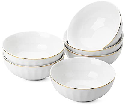 BTaT White Porcelain Bowls with Gold Trim, 16 OZ, Set of 6, Deep Cereal & Salad Bowls