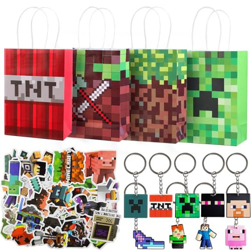 Spiel Kindergeburtstag Mitgebsel 71-teilig, Pixel Party Geburtstagsdeko, 12 Geschenktüten+9 Schlüsselanhänger+50 Aufkleber, Miner Gamer Papiertüten Partytüten Tüten Sticker Geschenke Party Zubehör