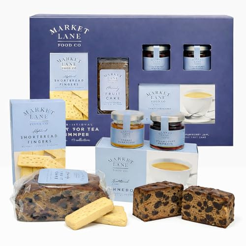 Tea & Biscuits Gift Set for Couples - Afternoon Tea Gift Hamper with Strawberry Preserve, Orange Marmalade, Fruit Cake, Tea Bags & Shortbread Biscuits. Christmas Gifts for Mum or Birthday Gifts