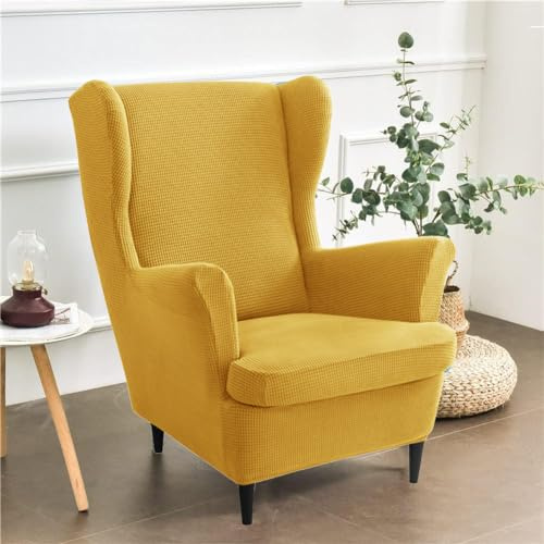 Highdi Funda de Sillón de Orejero Elástica, Color sólido Jacquard Espesar Relax Funda de Sofá con Funda de Cojín 2-Piezas, Fundas Protector de Butaca para Strandmon, Dormitorio (Amarillo)