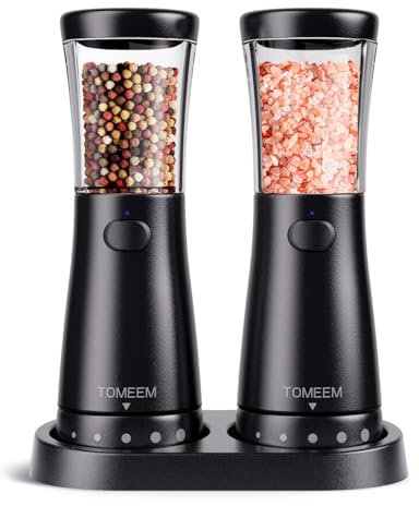 Salz und Pfeffermühlen elektrisch 2er Set aus Edelstahl (Wiederaufladbar, LED Beleuchtung, mit einstellbarem Keramikmahlwerk, Reinigungsbürste Bürste) Gewürzmühle elektrisch Adjustable, Black