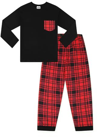 ThePyjamaFactory Children's - Boys Black/Red Pyjamas Plain Long Sleeve Top & Woven Tartan Check Bottoms (14-15 Years)