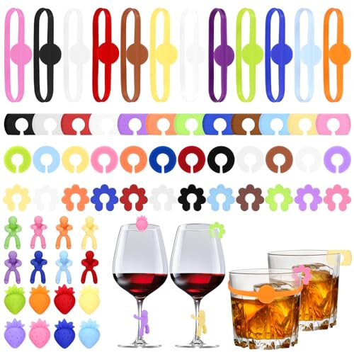 Farerkass Marque Verre, 64 Pièces Marqueur Verre, Marque a Pied, Identificateur de à Vin en Silicone, pour à Boire, à Martini et Fête de Bar