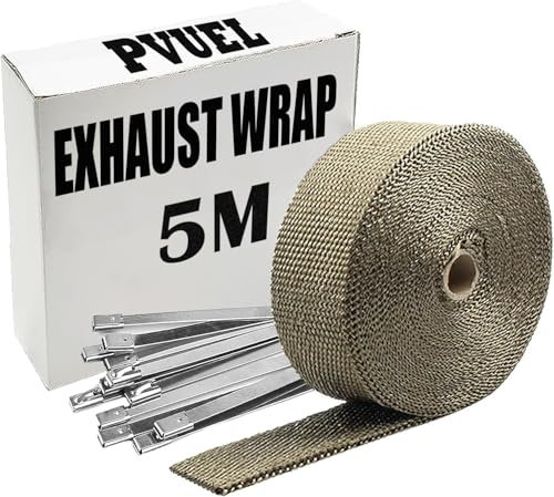 5M Exhaust Heat Wrap, PVUEL Thermal Insulation Wrap, Fiberglass Heat Shield Titanium Exhaust Tape Roll with 10 Stainless Steel Cable Ties(4.6x300mm), for Motorcycle and Car Pipe Manifolds (Gold)