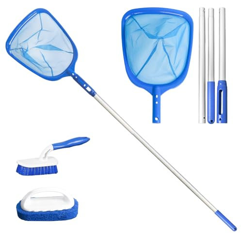 147CM Pool Skimmer Net with Telescopic Pole, Hot Tubs Leaf Net Swimming Pool Cleaning Net Fine Mesh Rake Net Catching Floating Leaves Insects Fish Net for Garden Pond Hot Tub Spa Fountain Fish Tank