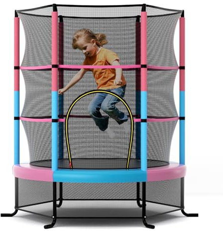 COSTWAY Trampoline Extérieur Enfants Ø165 CM avec Filet de Sécurité, Trampoline Enfants avec Cadre en Acier & 6 Poteaux Recouvert de Mousse, Charge Max 135kg pour Garçon et Fille…