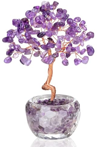Árbol de la Vida de Cristal de Cuarzo Rosa VLYX - Árbol del Dinero Hecho a Mano con Piedras Preciosas Moradas para Decoración del Hogar y la Oficina, Regalo de Energía Positiva para Mujeres