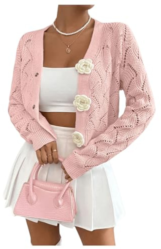 GORGLITTER Women's 3D Floral Crochet Button Down Cardigans Hollow Out V Neck Long Sleeve Trendy Sweater Tops Pink Small