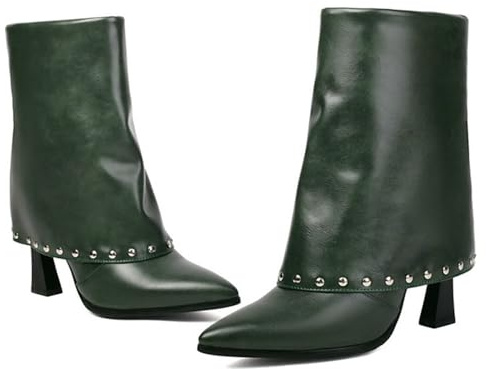 Stivali da donna a metà polpaccio, con borchie, a punta, tacco a bobina con cerniera, alla moda, casual, scarpe invernali, Verde, 37.5 EU