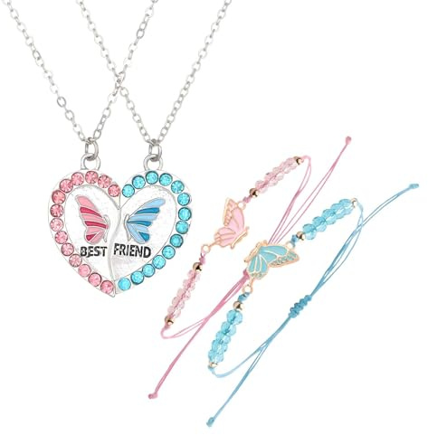 Suupii Friendship Necklace for 2 Best Friend Bracelets for 2 Adjustable Matching Bracelets for Couples, Best Friends Necklace with Heart Shape Butterfly Pendant, Jewelry Gifts to Women Couples Friend