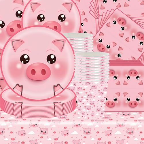 61 piezas Vajilla para cerdos pequeños, decoración de cumpleaños para niños, niñas y niños, decoración de fiesta, vida silvestre, juego de vajilla con paño, papel perfilado, toallas, cartón para 20