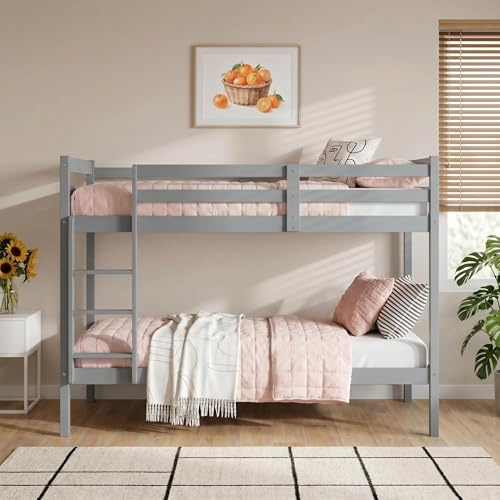 Panana Single Wooden Bunk Bed Frame, 3FT Twin Sleeper Solid Pine Platform Bed (Grey, Single Bunk)