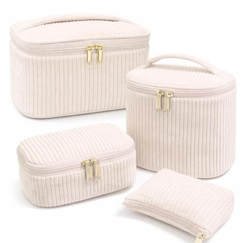 Lot de 4 Trousse de Toilette Femme Trousse de Maquillage,Maquillage en Velours Côtelé Doux Cosmétiques a Glissière Portable Voyage,pour Hommes et Femmes Accessoires de Toilette de Voyage(Blanc cassé)