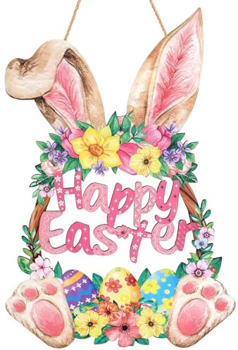 Easter Decorations Happy Easter Garland for Front Door Welcome Sign Wooden Hanging Plaque With Colorful Ears Flowers and Eggs Spring Decorations for yard Wall Home Outdoor Indoor Supply
