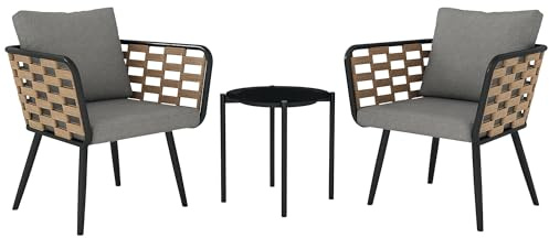 Outsunny 3 Pieces Rattan Bistro Set with Washable Seat and Back Cushions, Wicker Garden Furniture Set, Glass Top Coffee Table, for Patio Outdoor, Black