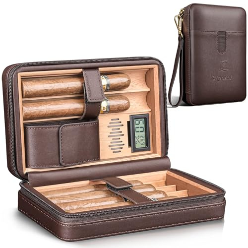 CIGAROL Humidor de puros de viaje, caja portátil de cuero y madera de cedro con higrómetro digital y humidificador, capacidad para 6 puros, regalo ideal para hombres (marrón oscuro)