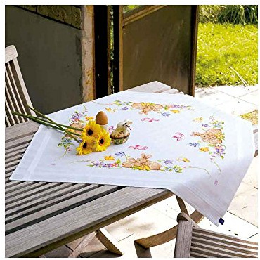 Vervaco Kreuzstich Stickpackungen Tischdecke Kaninchen Stickdecken Vorgezeichnet Basteln Erwachsene Kreativ Set Vorgedruckte Decke Sticken 80 x 80 cm Stickset DIY Sticken Set