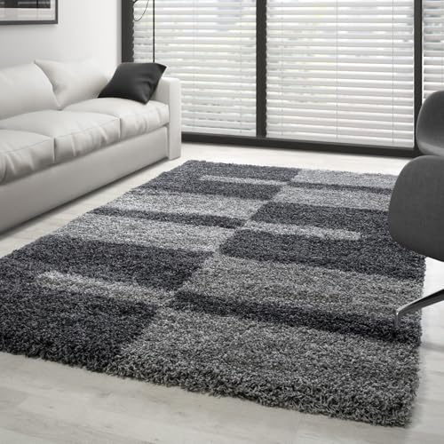 Carpettex Tapis Salon 200x300 Moderne Tapis Chambre Gris 200 x 290 cm - Tapis Shaggy à Poils Longs Salle de Séjour Concevoir à Carreaux Doux et Moelleux - Tapis Cuisine Moquette Salon