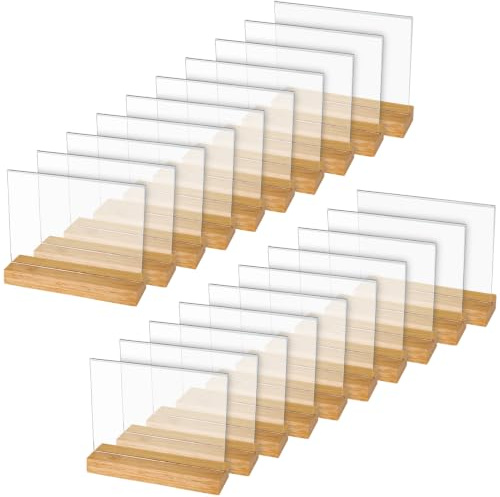 HMF bordsstativ i akryl i DIN A5 liggande format, dubbelsidig presentation, bordskortshållare med massiv träbas av ek, 20 stycken, T-stativ för kontor och catering, glasklar