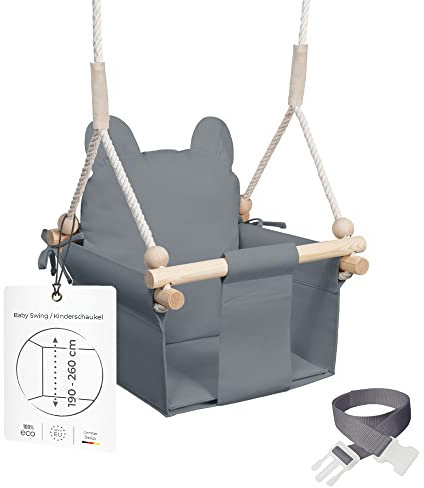 MAMOI® Balancoire Interieur pour Bebe et Enfants, Siege balançoire en Bois et en Coton pour bébé, Balansoire pour Enfant, Balancelle scandinave, Baby Swing Oursons Gris